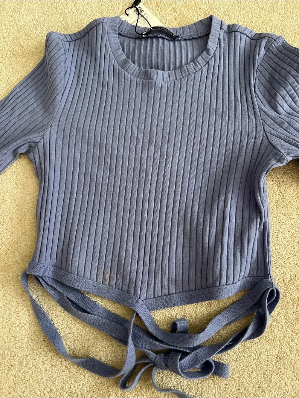 Zara Ribbed Long-Sleeve Tie-Front Top - Size Small